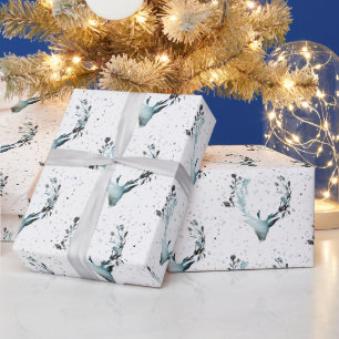 Papier Cadeau Cerf magique d'hiver bleu argenté de Noël