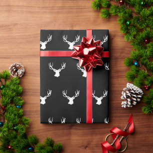 Papier Cadeau cerf wapiti mâle chasse noir blanc Noël