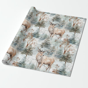 Papier Cadeau Cerfs de la forêt aquarelle d'hiver (6)