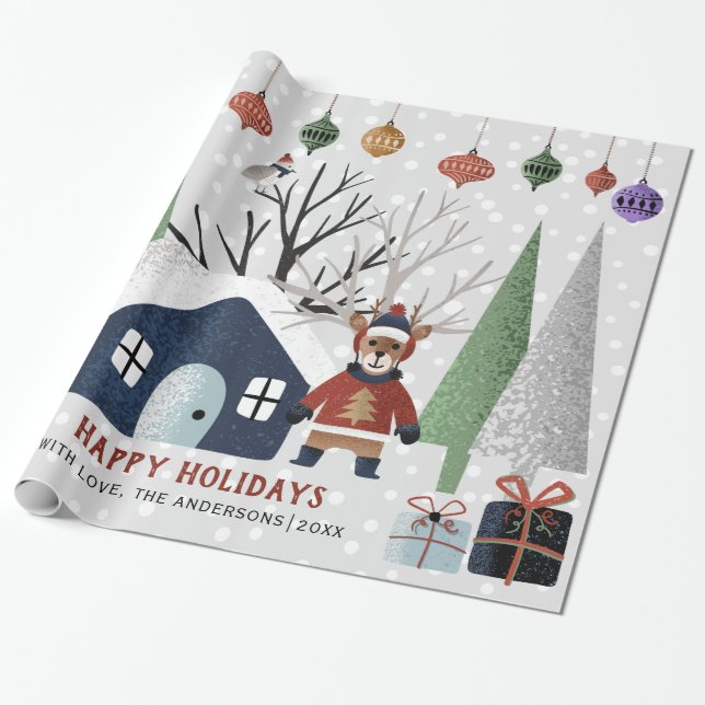 Papier Cadeau Cerfs d'hiver, arbres et maison Noël (Déroulé)