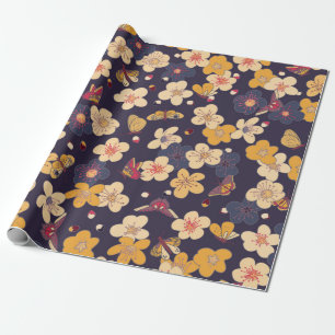 Papier Cadeau cerise en fleurs et papillons motif sans soudure.
