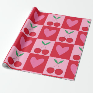Papier Cadeau Cerises à carreaux avec motif de cœurs roses
