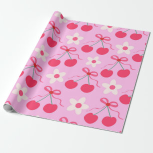 Papier Cadeau Cerises coquette avec des vaches rouges et des fle