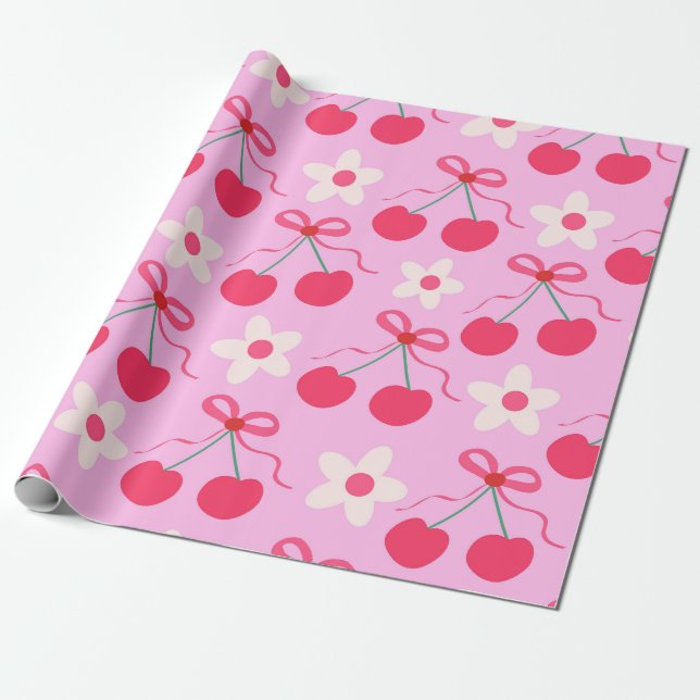 Papier Cadeau Cerises coquette avec des vaches rouges et des fle (Déroulé)