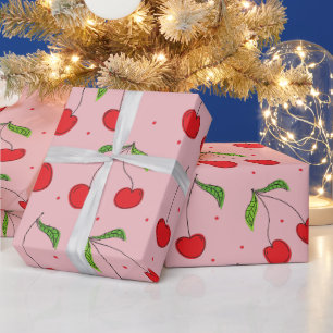Papier Cadeau cerises de premier anniversaire rose et rouge