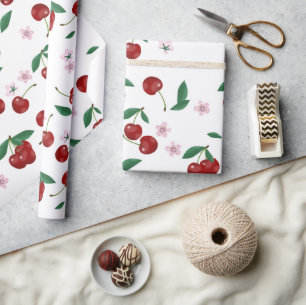 Papier Cadeau Cerises rouges botaniques Verdure et fleurs