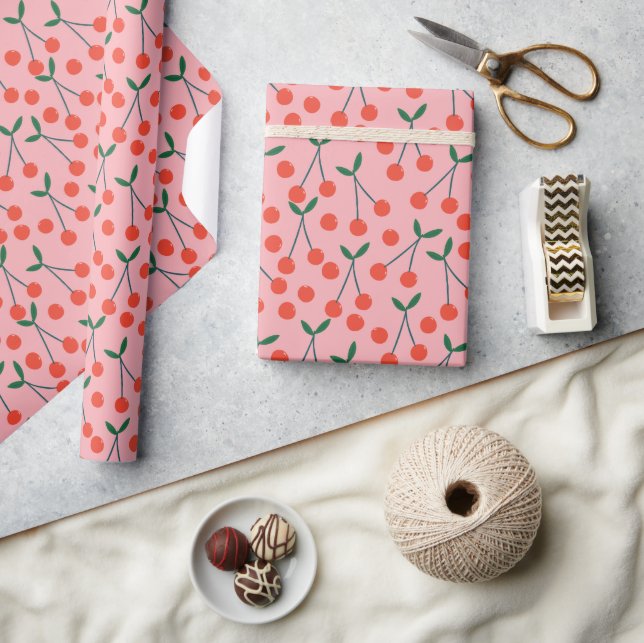 Papier Cadeau Cerises rouges et roses Saint Valentin (Artisanat)