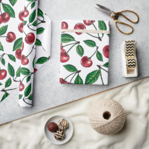 Papier Cadeau Cerises rouges sur blanc