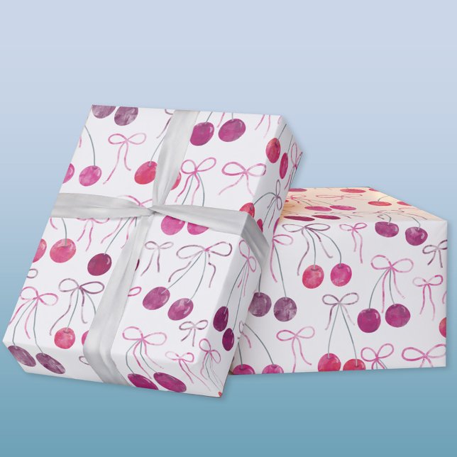 Papier Cadeau Cerises Rubans et Bows Motif d'aquarelle (Cherries, ribbons and bows gift wrapping paper roll
)
