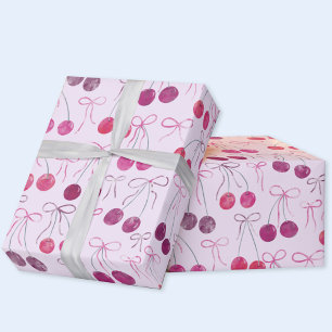 Papier Cadeau Cerises Rubans et Bows Motif d'aquarelle