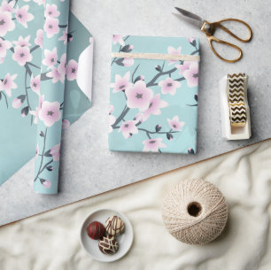 Papier Cadeau Cerisier Fleur Dusty Rose Aquamarine