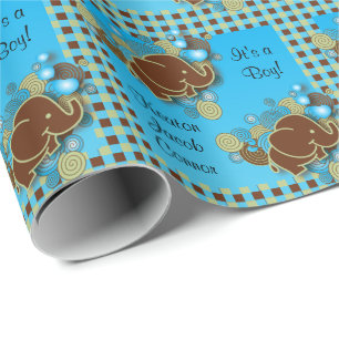 Papier Cadeau C'est un éléphant de bébé du garçon   plaid bleu