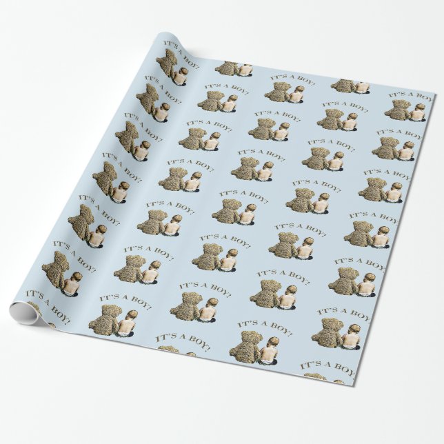 Papier Cadeau C'est un garçon, Baby & Teddy Bear Baby shower Cad (Déroulé)