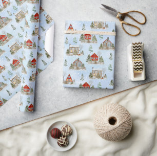 Papier Cadeau Chalet hiver neige Fir Trees Noël