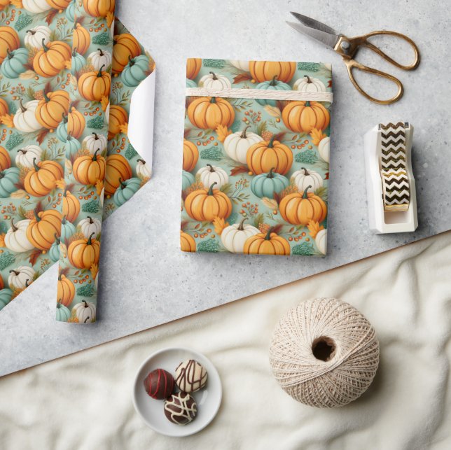 Papier Cadeau Champ de Citrouille Orange Sea Green ID1079 (Artisanat)