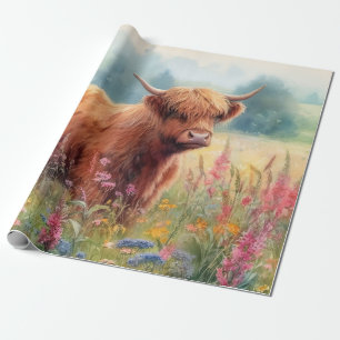 Papier Cadeau Champ de Fleur sauvage d'aquarelle de vache Highla