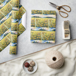 Papier Cadeau Champ de fleurs sauvages à l'aquarelle avec arc-en