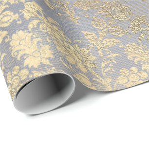 Papier Cadeau Champagne Or Floral Bleu Burlap Lin