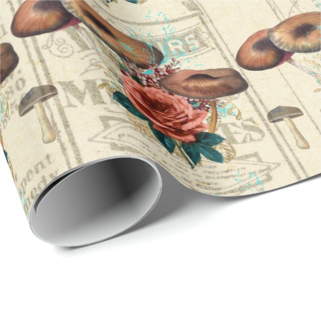 Papier Cadeau Champignons Brown Woodland Antique Journal Rose (Coin rond)