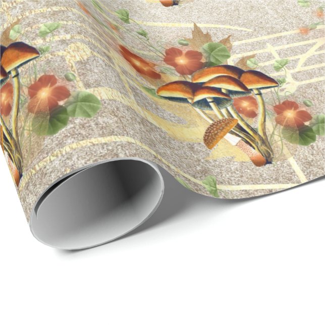 Papier Cadeau Champignons Brown Woodland Antique Song Gold Notes (Coin rond)