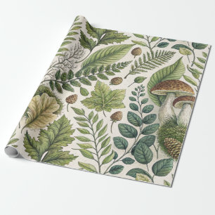 Papier Cadeau Champignons des bois Pinecones Ferns Motif d'autom