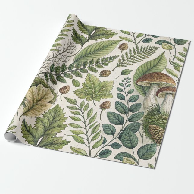 Papier Cadeau Champignons des bois Pinecones Ferns Motif d'autom (Déroulé)