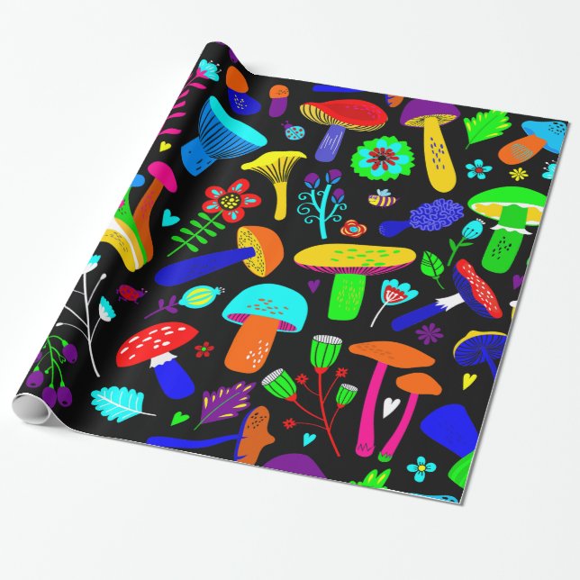 Papier Cadeau champignons psychédéliques rétro floral vibrant (Déroulé)