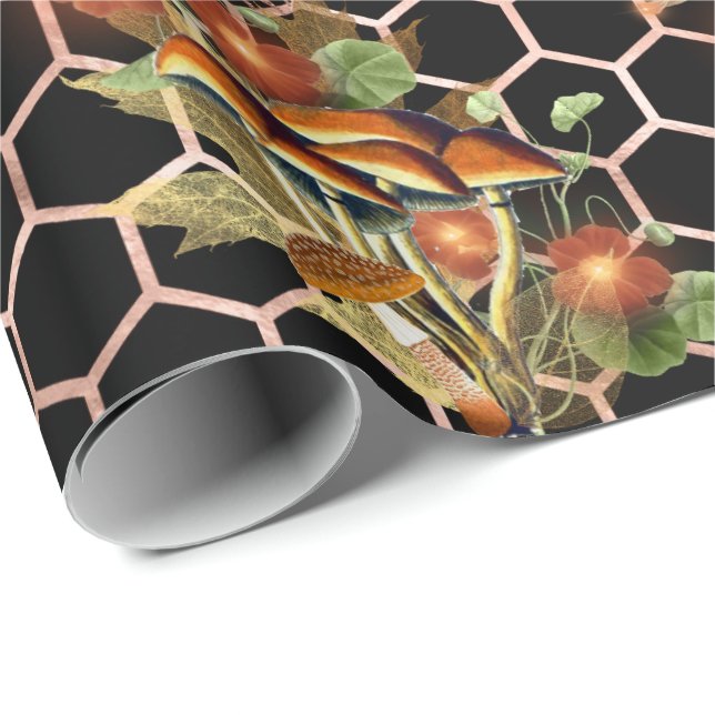 Papier Cadeau Champignons Rose Woodland Black Floral Honeycomb (Coin rond)