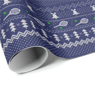 Papier Cadeau Chandail de Noël de Tennis Motif tricoté Bleu Noël