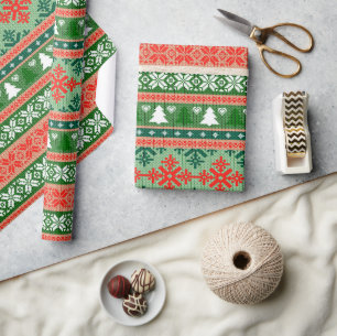 Papier Cadeau Chandail de Noël moche Motif vert et rouge