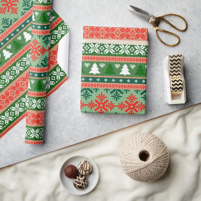 Papier Cadeau Chandail de Noël moche Motif vert et rouge (Artisanat)