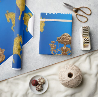Papier Cadeau Chandelier élégant royal bleu or Pégase