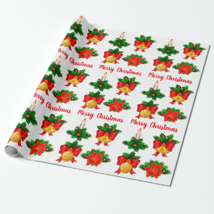 Papier Cadeau Chandelle de Noël cloches de ruban Poinsettia Fleu