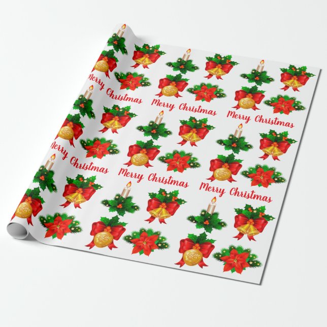 Papier Cadeau Chandelle de Noël cloches de ruban Poinsettia Fleu (Déroulé)