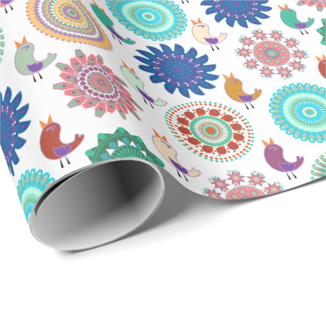 Papier Cadeau Chanter Bird et Mandala Folk Art Motif (Coin rond)