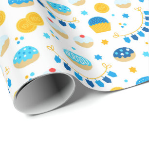 Papier Cadeau Chanukah Dreidels Doughnut Gold Blue White