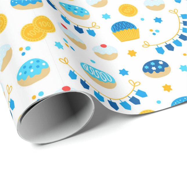 Papier Cadeau Chanukah Dreidels Doughnut Gold Blue White (Coin rond)