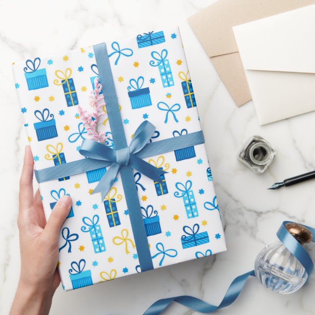 Papier Cadeau Chanukah présente des cadeaux avec des vaches Bleu (Cadeaux)