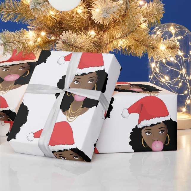 Papier Cadeau Chapeau de Noël, Femme noire, Bubblegum (Vacances)