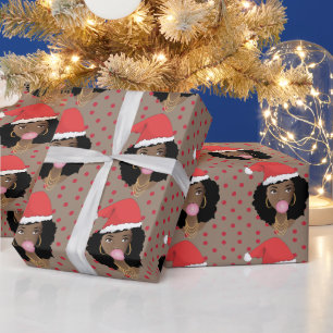Papier Cadeau Chapeau de Noël, Femme noire, gomme, Chien rouge