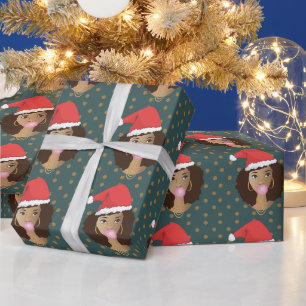 Papier Cadeau Chapeau de Noël, Femme noire, gomme, Étoiles, Turq