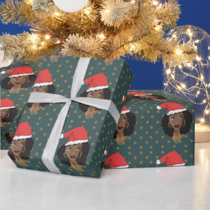 Papier Cadeau Chapeau de Noël, Femme noire, Points Brown, Turqu
