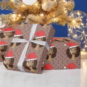 Papier Cadeau Chapeau de Noël, Femme noire, Points rouges, Brow