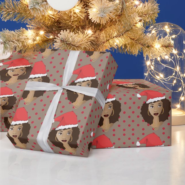 Papier Cadeau Chapeau de Noël, Femme noire, Points rouges, Brown (Vacances)