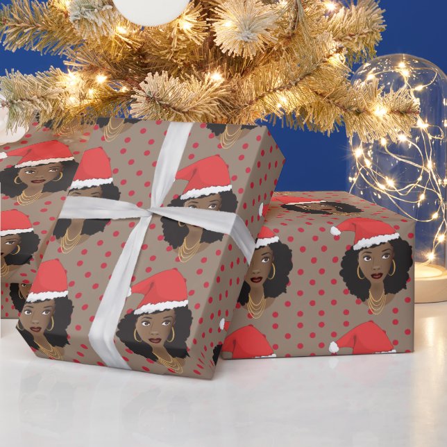 Papier Cadeau Chapeau de Noël, Femme noire, Points rouges, Brown (Vacances)