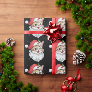 Papier Cadeau Chapeau de Santa rose rétro mignon Kitty Cat Noël
