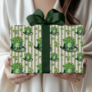 Papier Cadeau Chapeau de trèfle mignon à rayures vert sauge pour