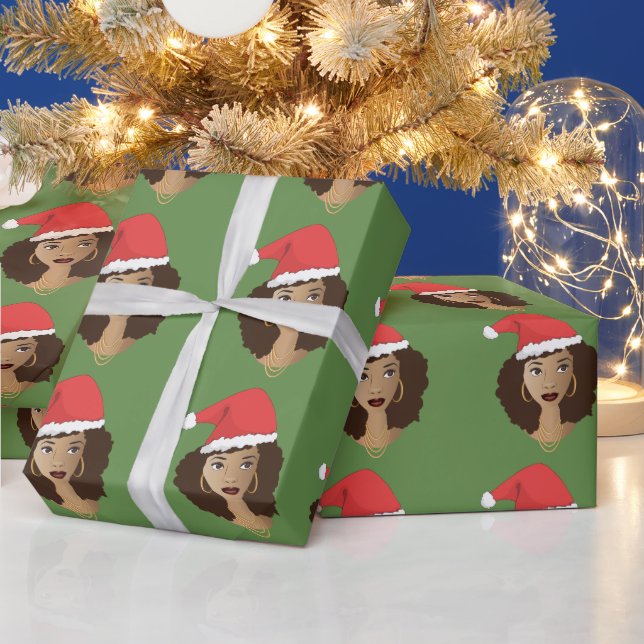 Papier Cadeau Chapeau rouge Noël, Femme noire, Vert (Vacances)