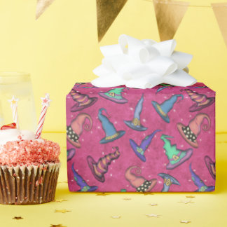 Papier Cadeau Chapeaux de sorcière d'Halloween sur fond rose