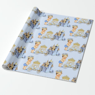 Papier Cadeau Chariot de château du prince royal bleu or garcon